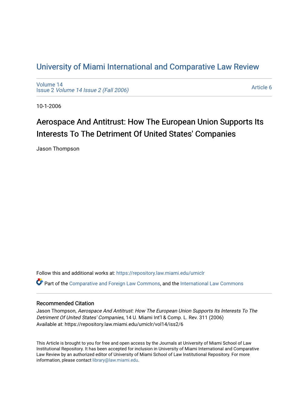 Aerospace and Antitrust: How the European Union Supports Its Interests to the Detriment of United States' Companies