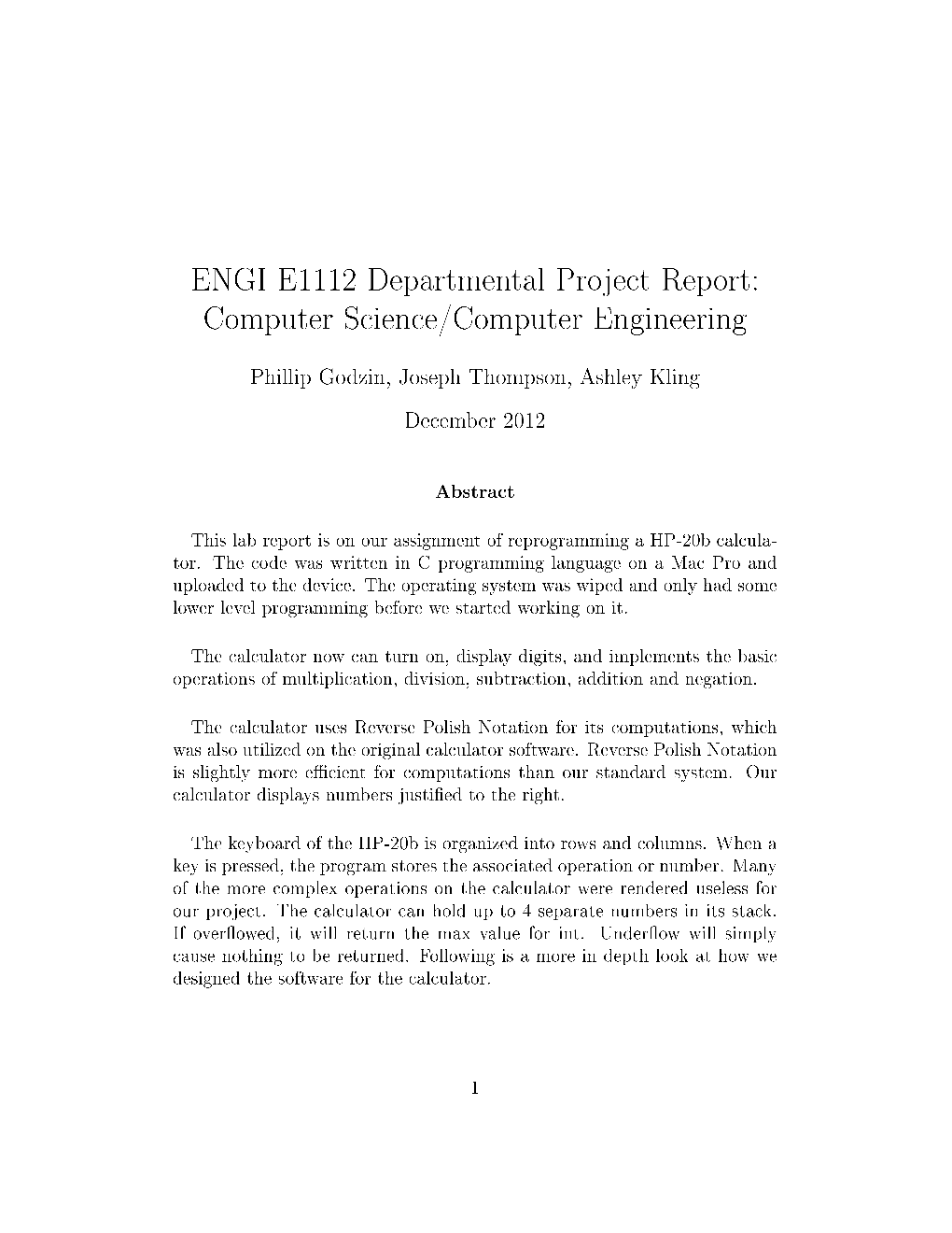 ENGI E1112 Departmental Project Report: Computer Science/Computer Engineering