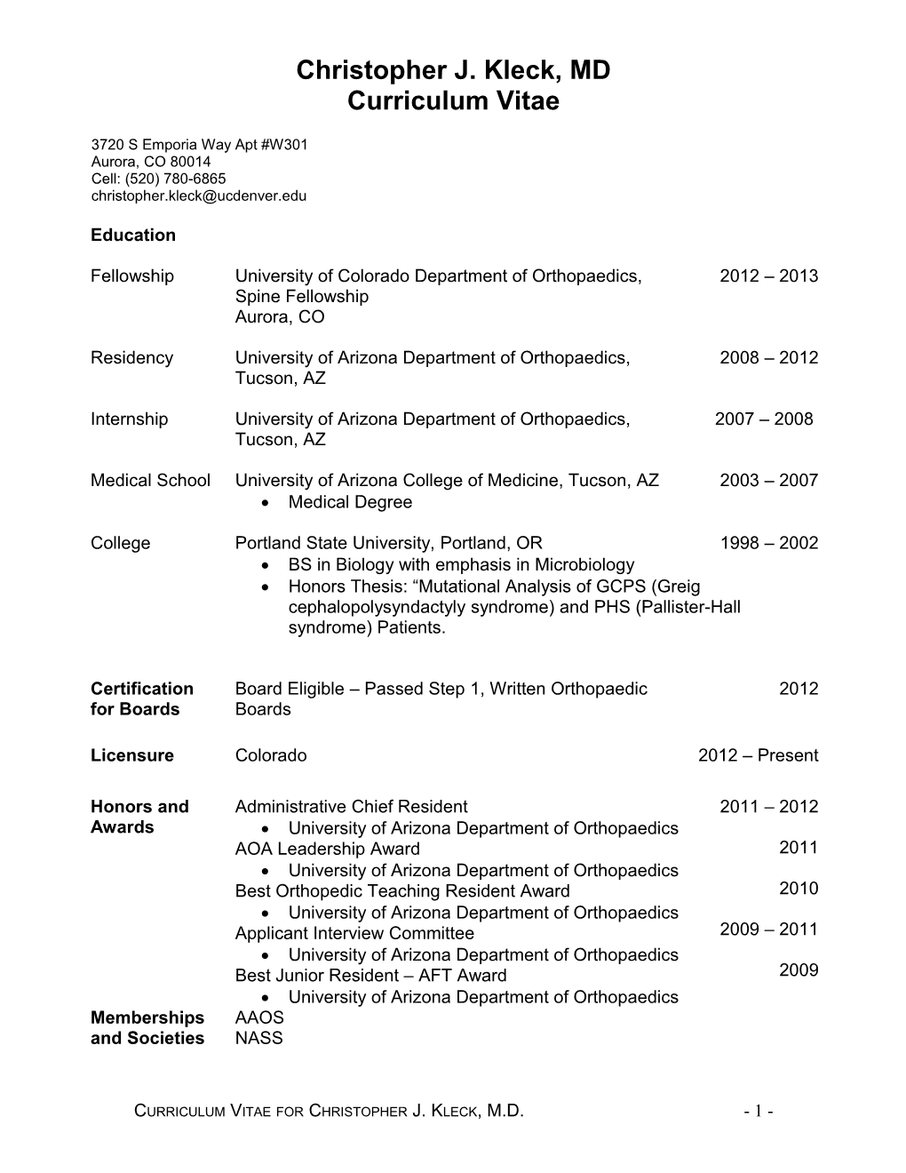 Curriculum Vitae for Christopher J. Kleck, M.D. - 1