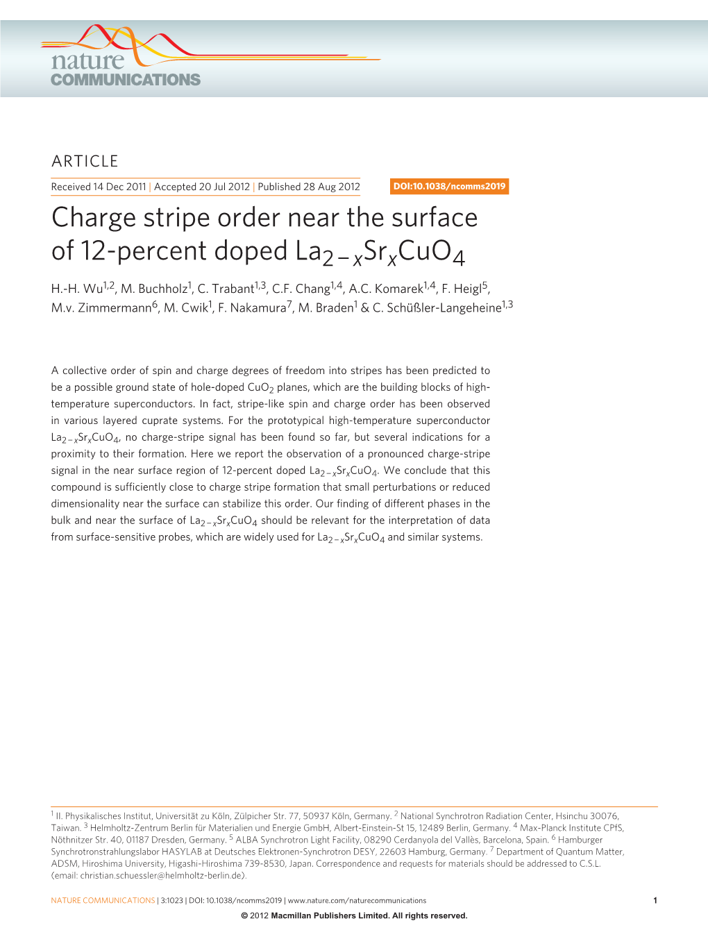 Charge Stripe Order Near the Surface of 12-Percent Doped La2 − Xsrxcuo4 H.-H