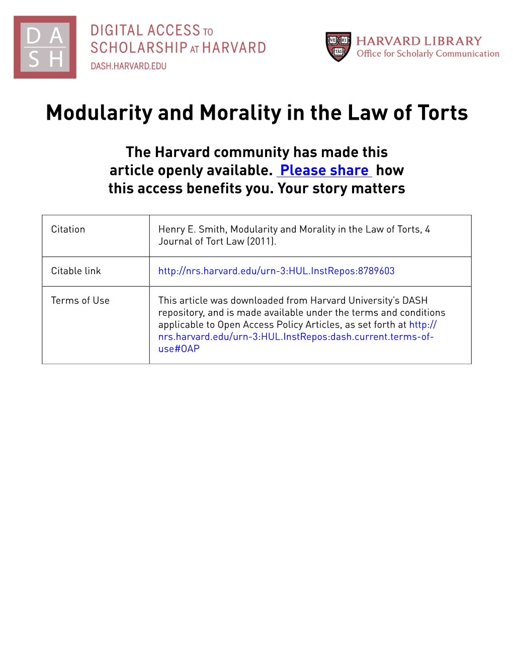 Modularity and Morality in the Law of Torts