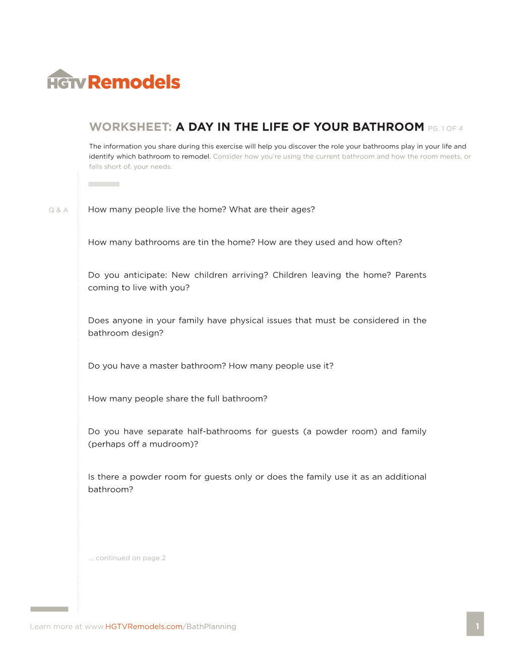 Worksheet: a Day in the Life of Your Bathroom Pg. 1 of 4