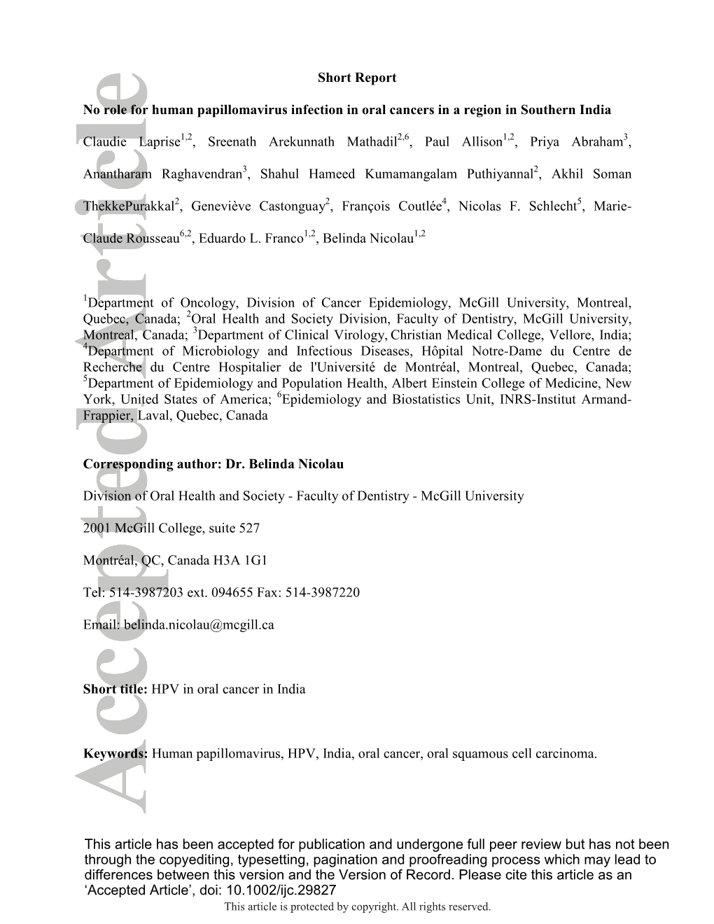 No Role for Human Papillomavirus Infection in Oral Cancers in a Region in Southern India