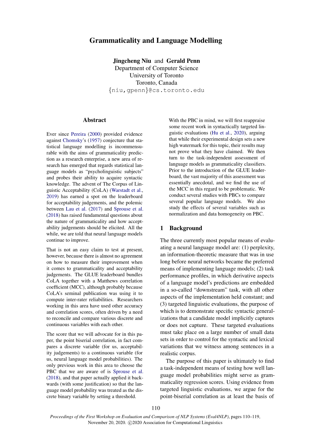 Grammaticality and Language Modelling