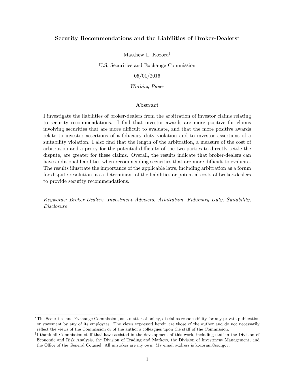 Security Recommendations and the Liabilities of Broker-Dealers∗