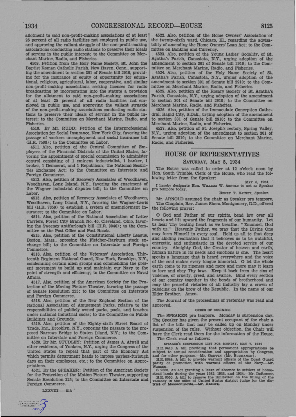 1934 Congressional Record-House House Of