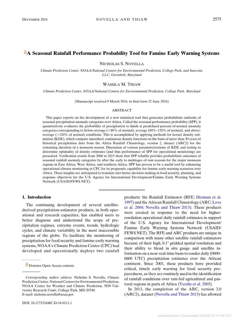 A Seasonal Rainfall Performance Probability Tool for Famine Early Warning Systems