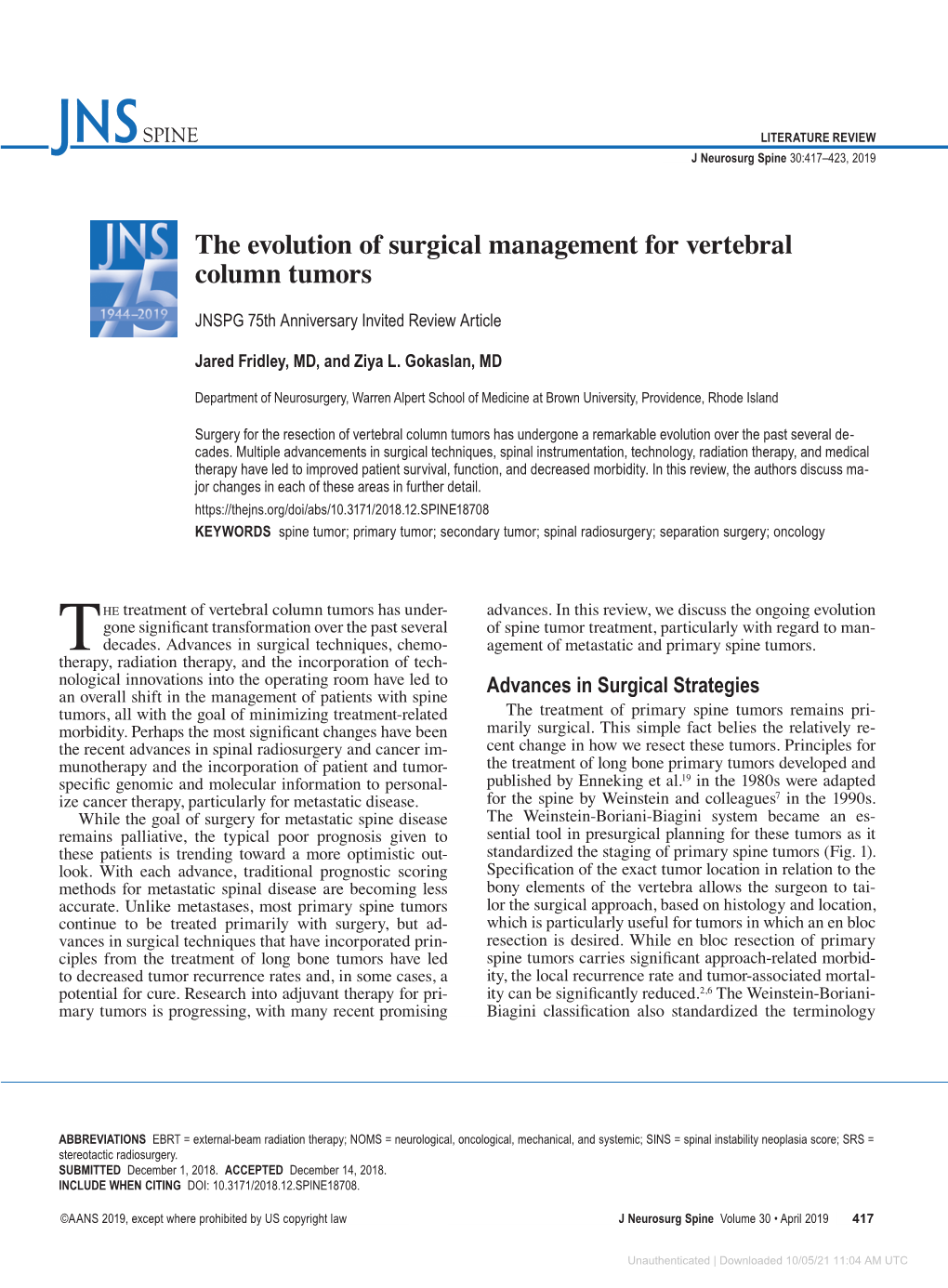 The Evolution of Surgical Management for Vertebral Column Tumors