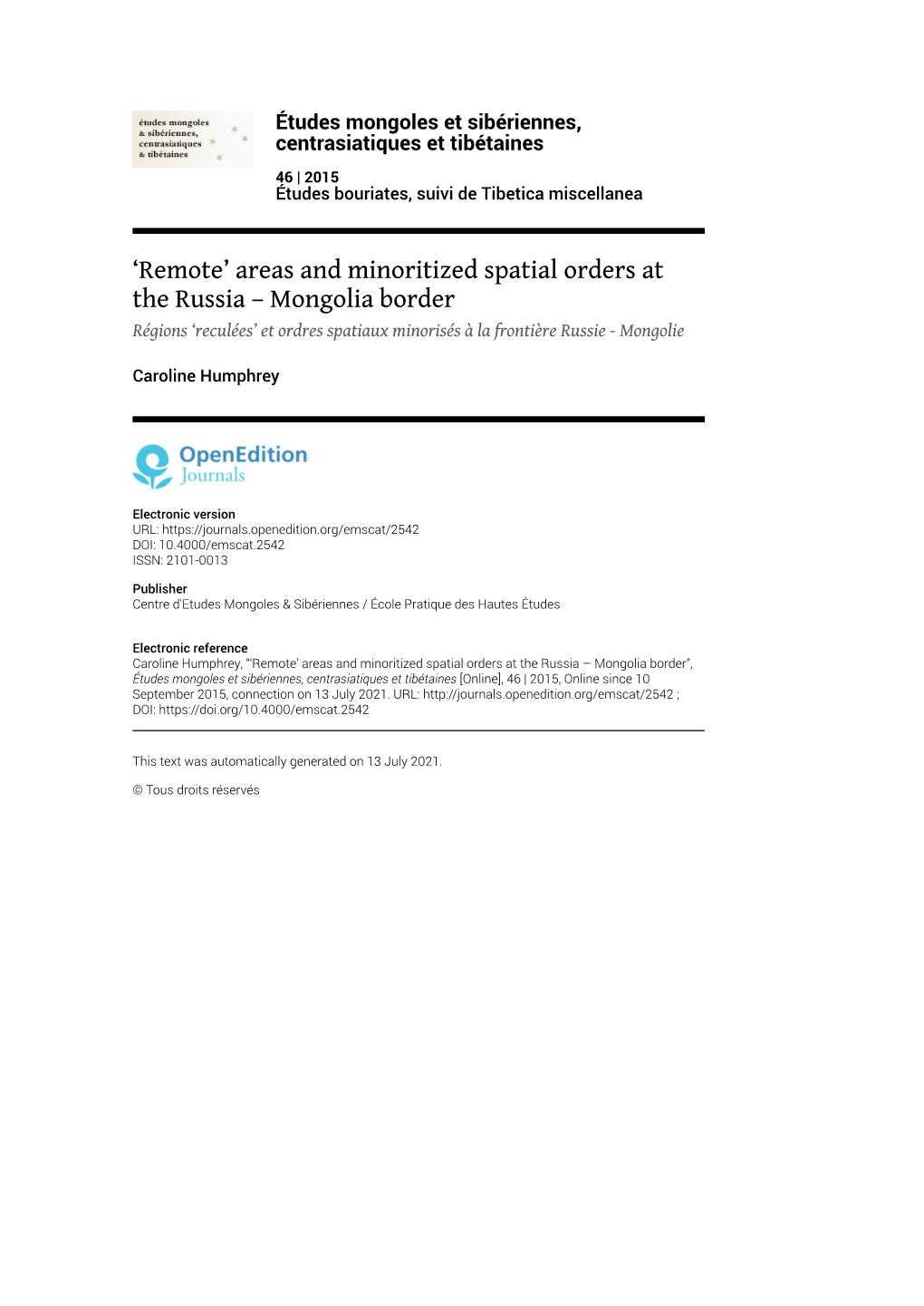 Études Mongoles Et Sibériennes, Centrasiatiques Et Tibétaines, 46 | 2015 ‘Remote’ Areas and Minoritized Spatial Orders at the Russia – Mongolia Border 2