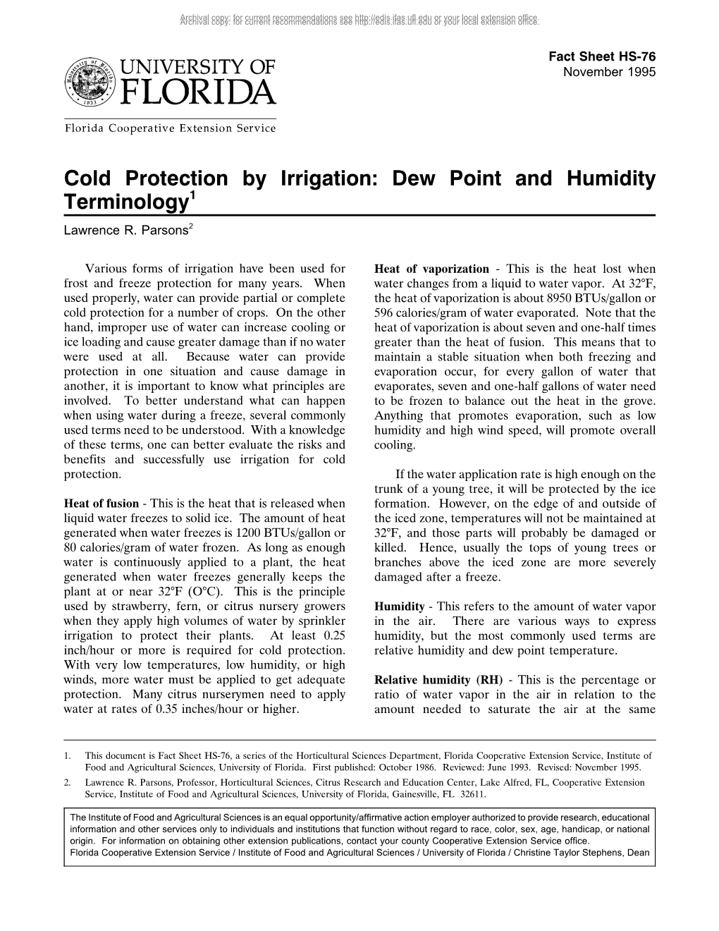 Cold Protection by Irrigation: Dew Point and Humidity Terminology1 Lawrence R