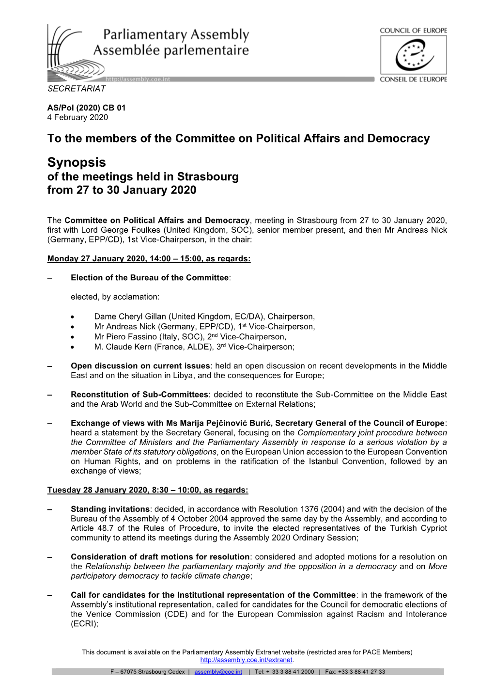 Synopsis of the Meetings Held in Strasbourg from 27 to 30 January 2020