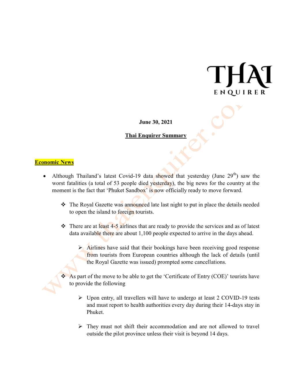 June 30, 2021 Thai Enquirer Summary Economic News