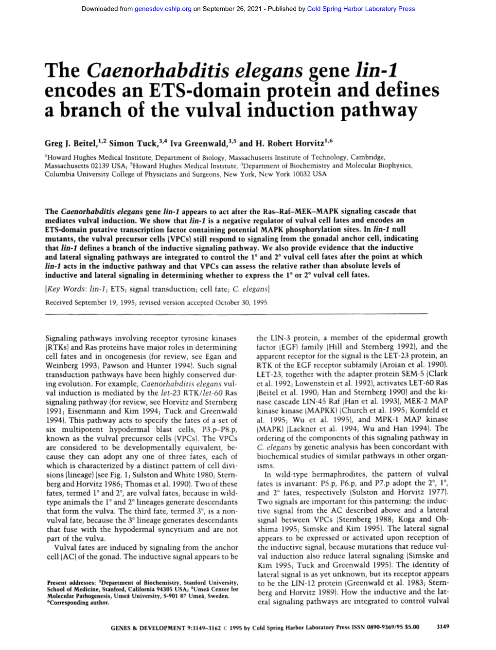 The Caenorhabditis Elegans Gene Lin-1 Encodes an ETS-Domai.N Protein and Defines a Branch of the Vulval Induction Pathway