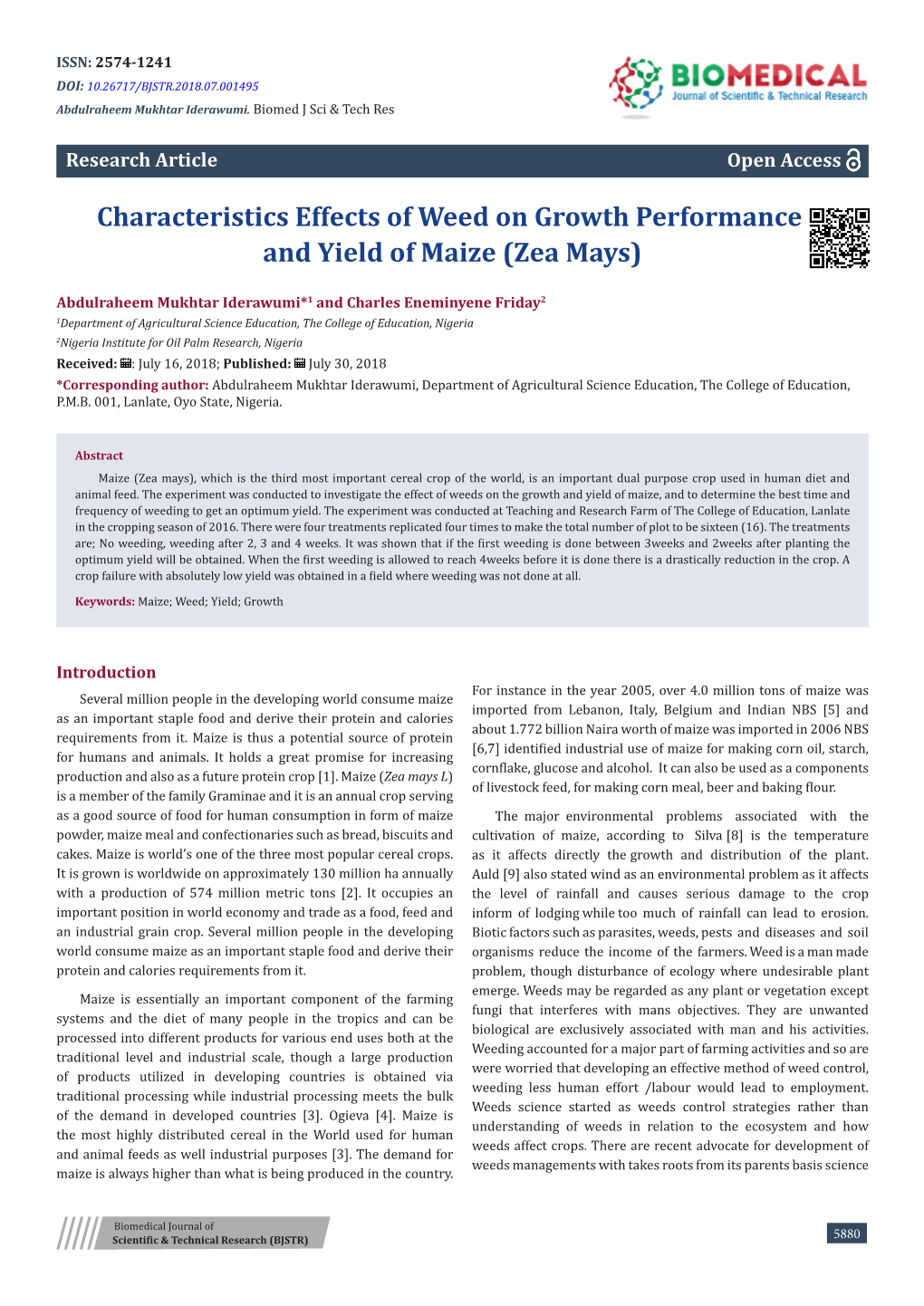 Characteristics Effects of Weed on Growth Performance and Yield of Maize (Zea Mays)