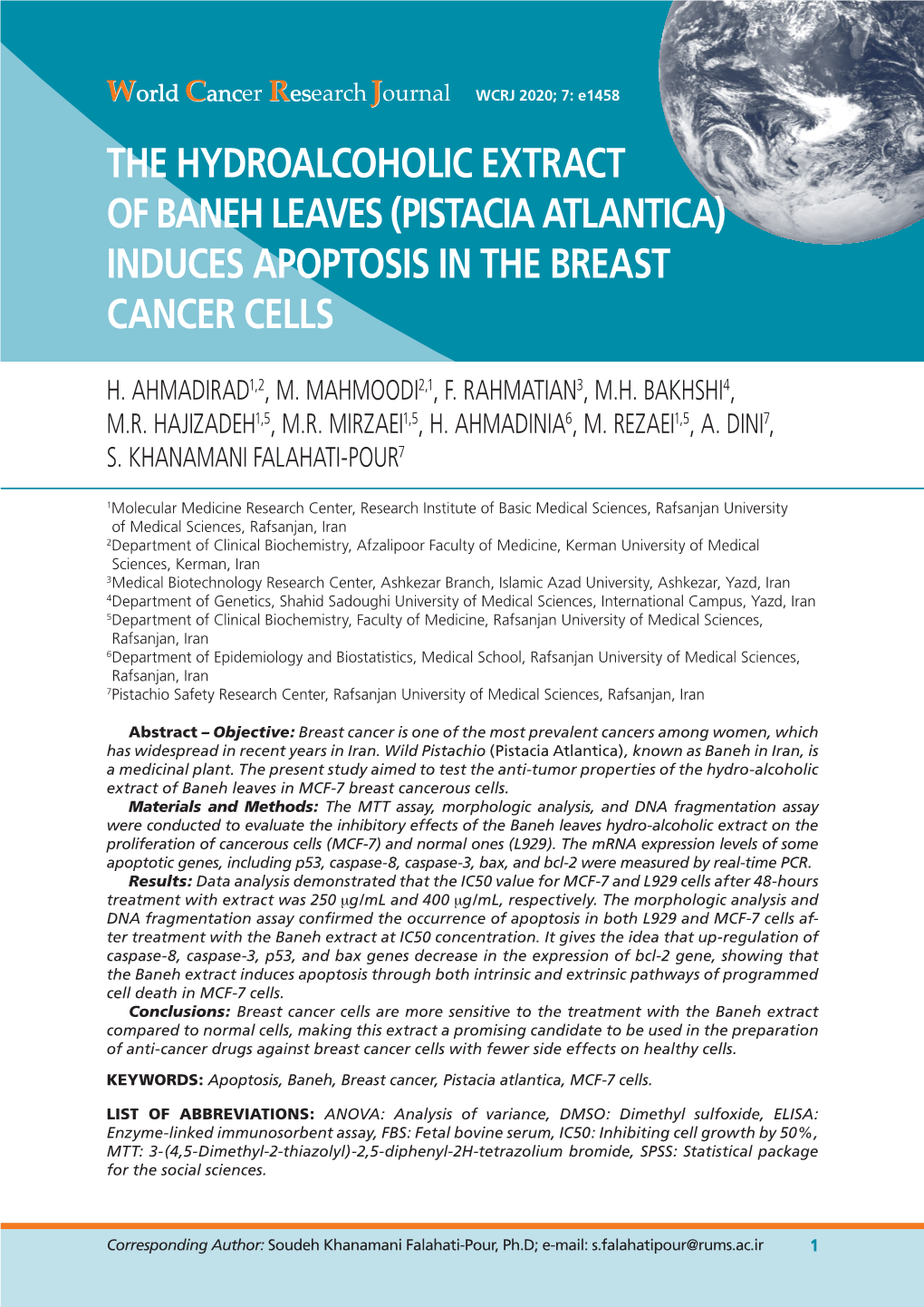 The Hydroalcoholic Extract of Baneh Leaves (Pistacia Atlantica) Induces Apoptosis in the Breast Cancer Cells