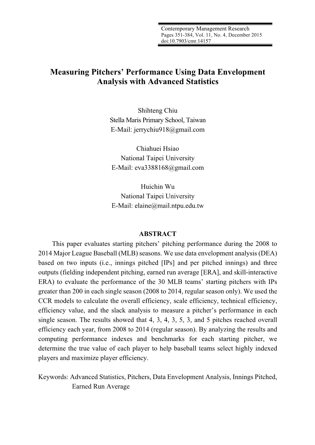 Measuring Pitchers' Performance Using Data Envelopment Analysis