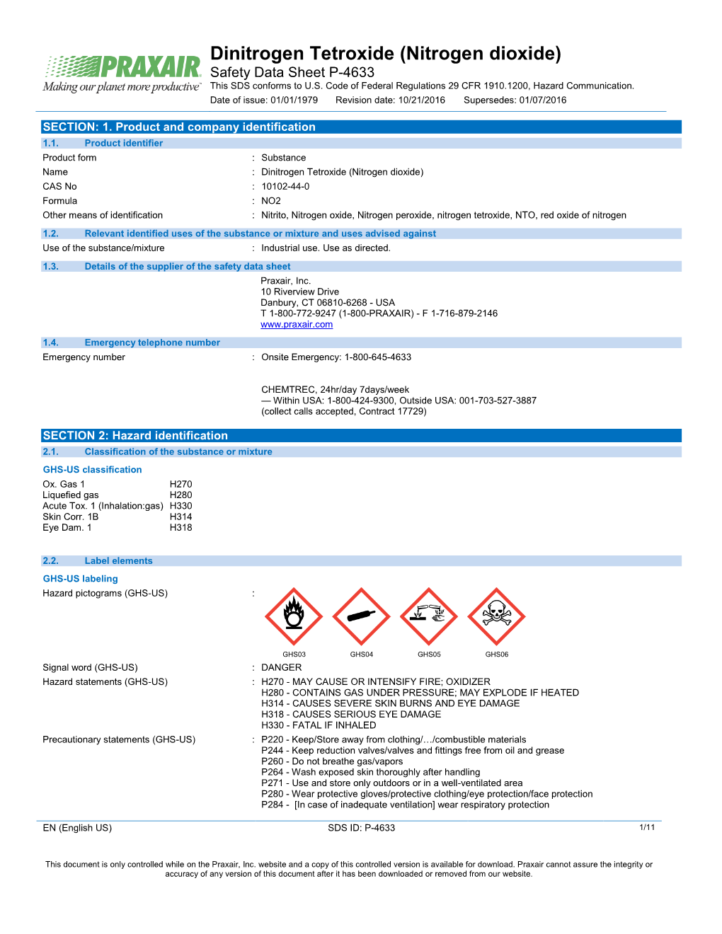 Nitrogen Dioxide NO2 and N2O4 Safety Data Sheet SDS P4633