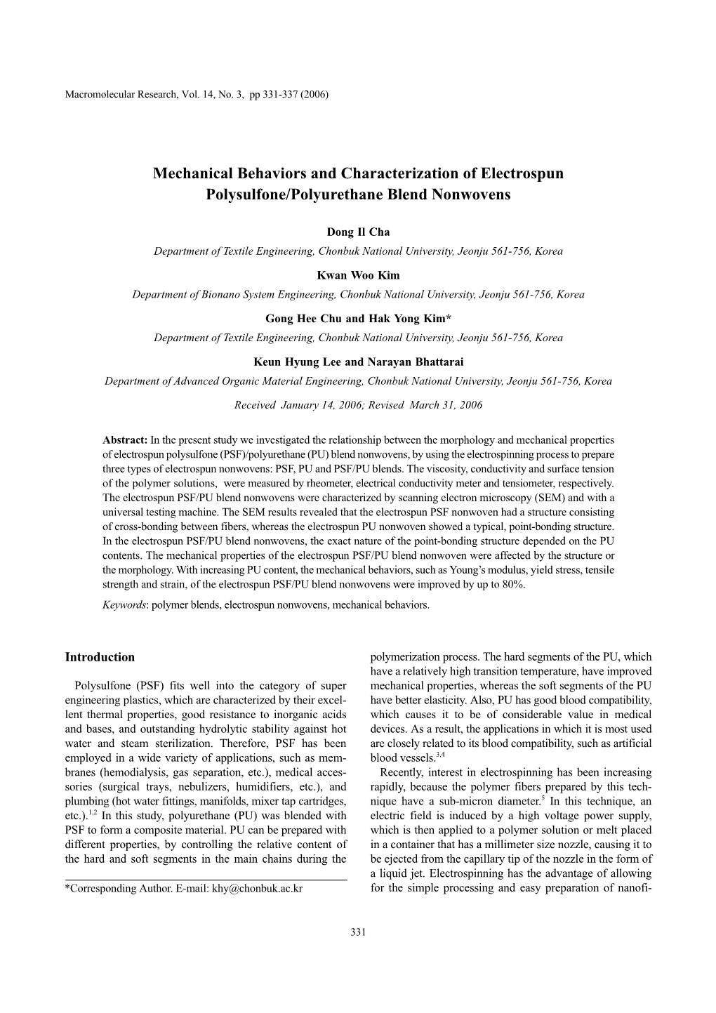 Mechanical Behaviors and Characterization of Electrospun Polysulfone/Polyurethane Blend Nonwovens