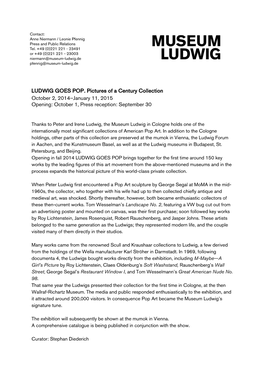 LUDWIG GOES POP. Pictures of a Century Collection October 2, 2014–January 11, 2015 Opening: October 1, Press Reception: September 30