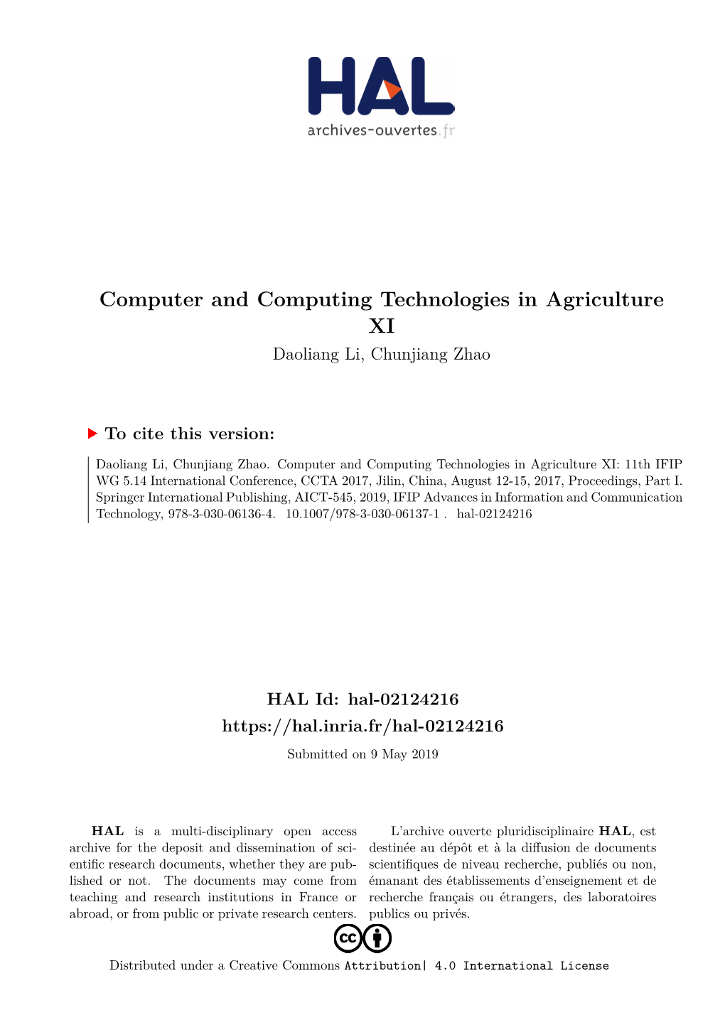 Computer and Computing Technologies in Agriculture XI Daoliang Li, Chunjiang Zhao