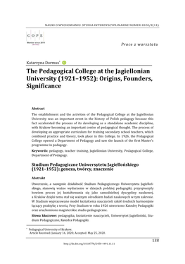 The Pedagogical College at the Jagiellonian University (1921–1952): Origins, Founders, Significance