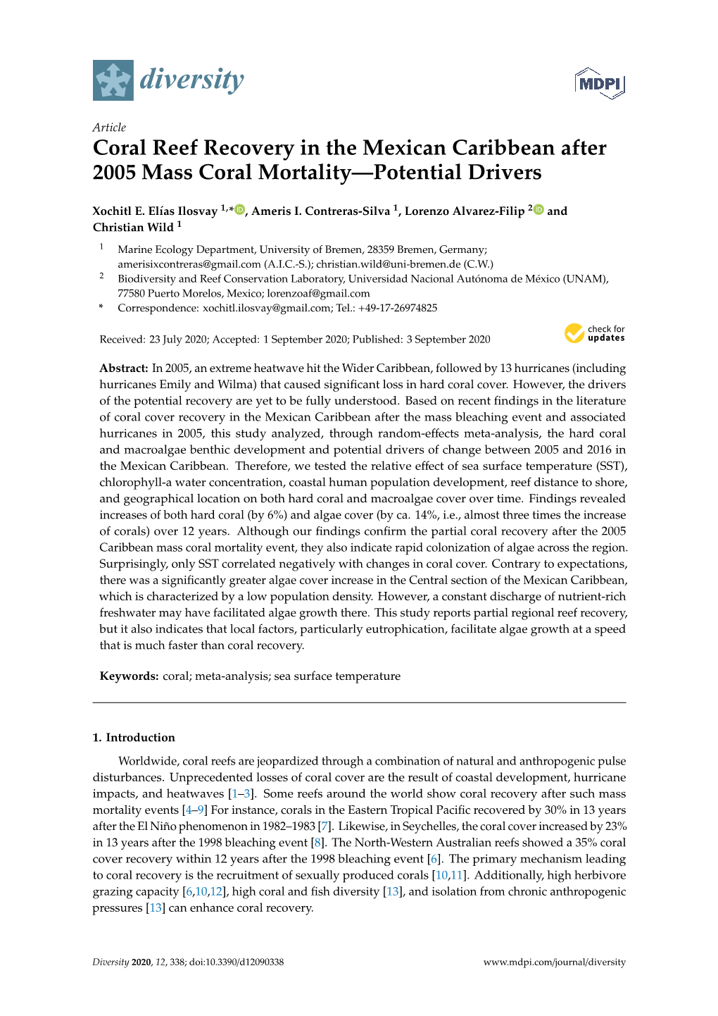 Coral Reef Recovery in the Mexican Caribbean After 2005 Mass Coral Mortality—Potential Drivers