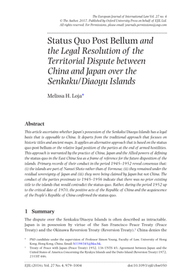 Status Quo Post Bellum and the Legal Resolution of the Territorial Dispute Between China and Japan Over the Senkaku/Diaoyu Islands