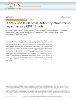SLAMF7 and IL-6R Define Distinct Cytotoxic Versus Helper Memory CD8+ T Cells