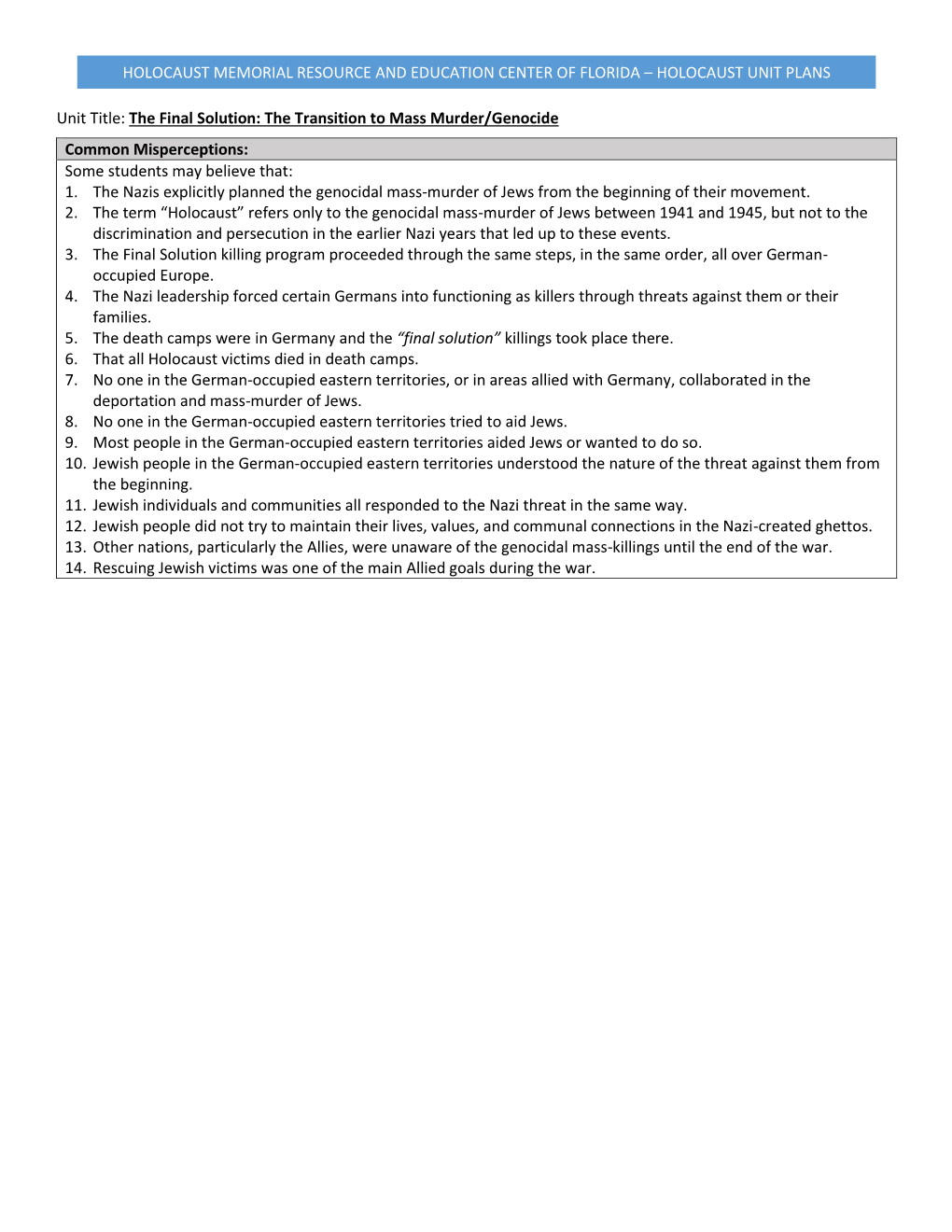 Unit Title: the Final Solution: the Transition to Mass Murder/Genocide Common Misperceptions: Some Students May Believe That: 1