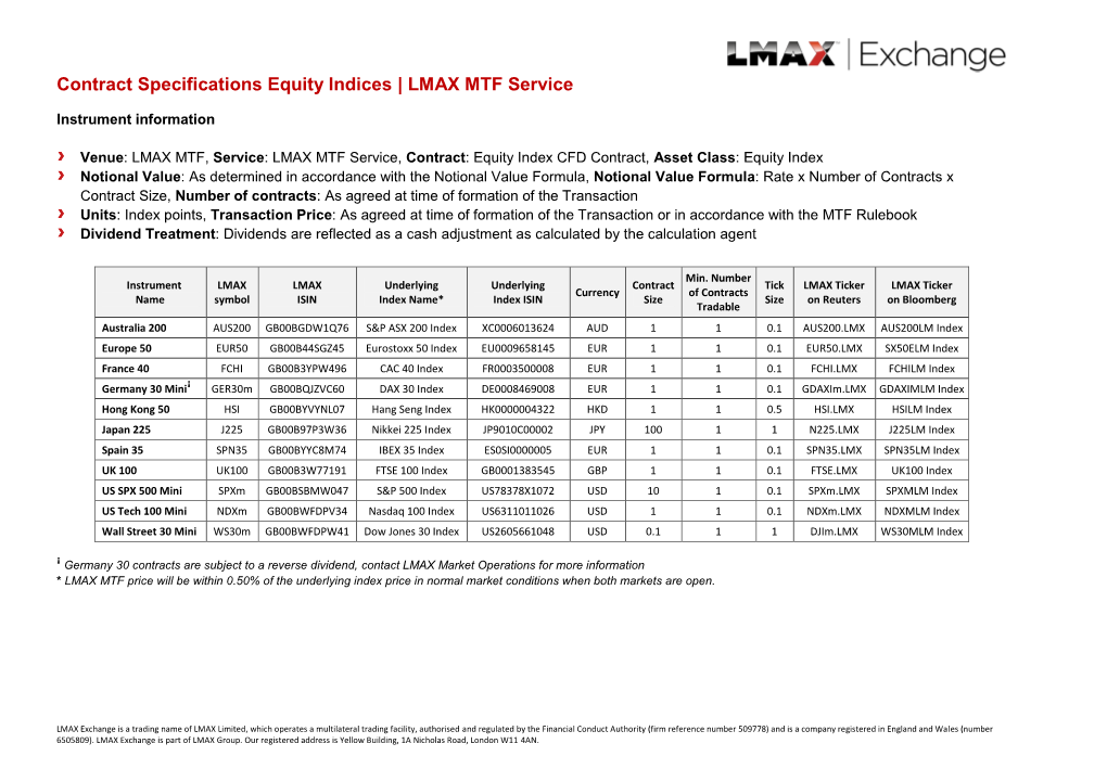 Contract Specifications Equity Indices | LMAX MTF Service