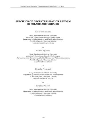 Specifics of Decentralization Reform in Poland and Ukraine