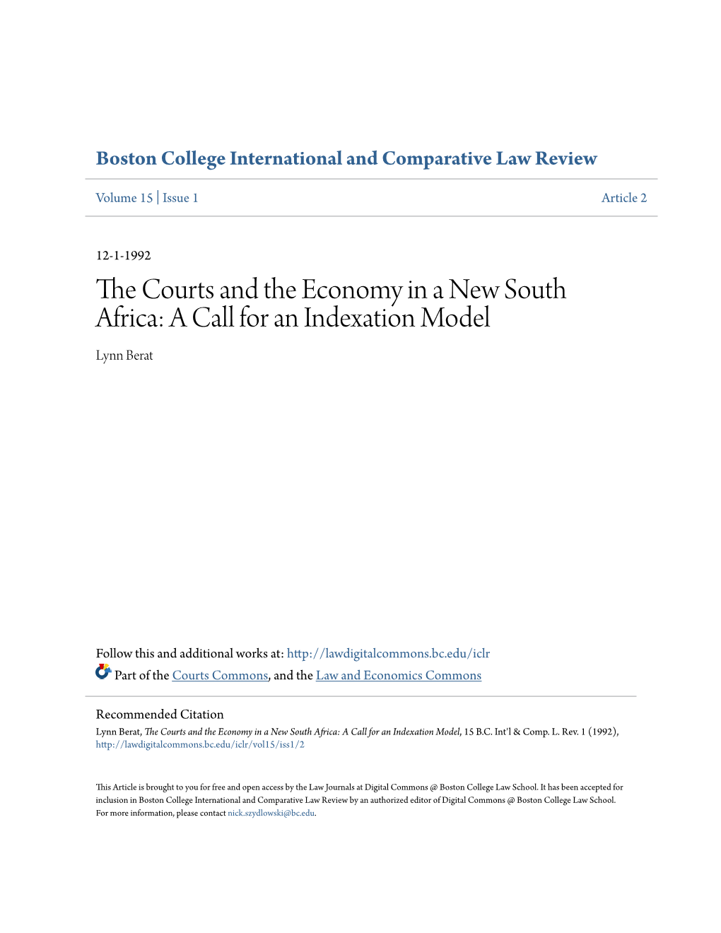 The Courts and the Economy in a New South Africa: a Call for an Indexation Model, 15 B.C