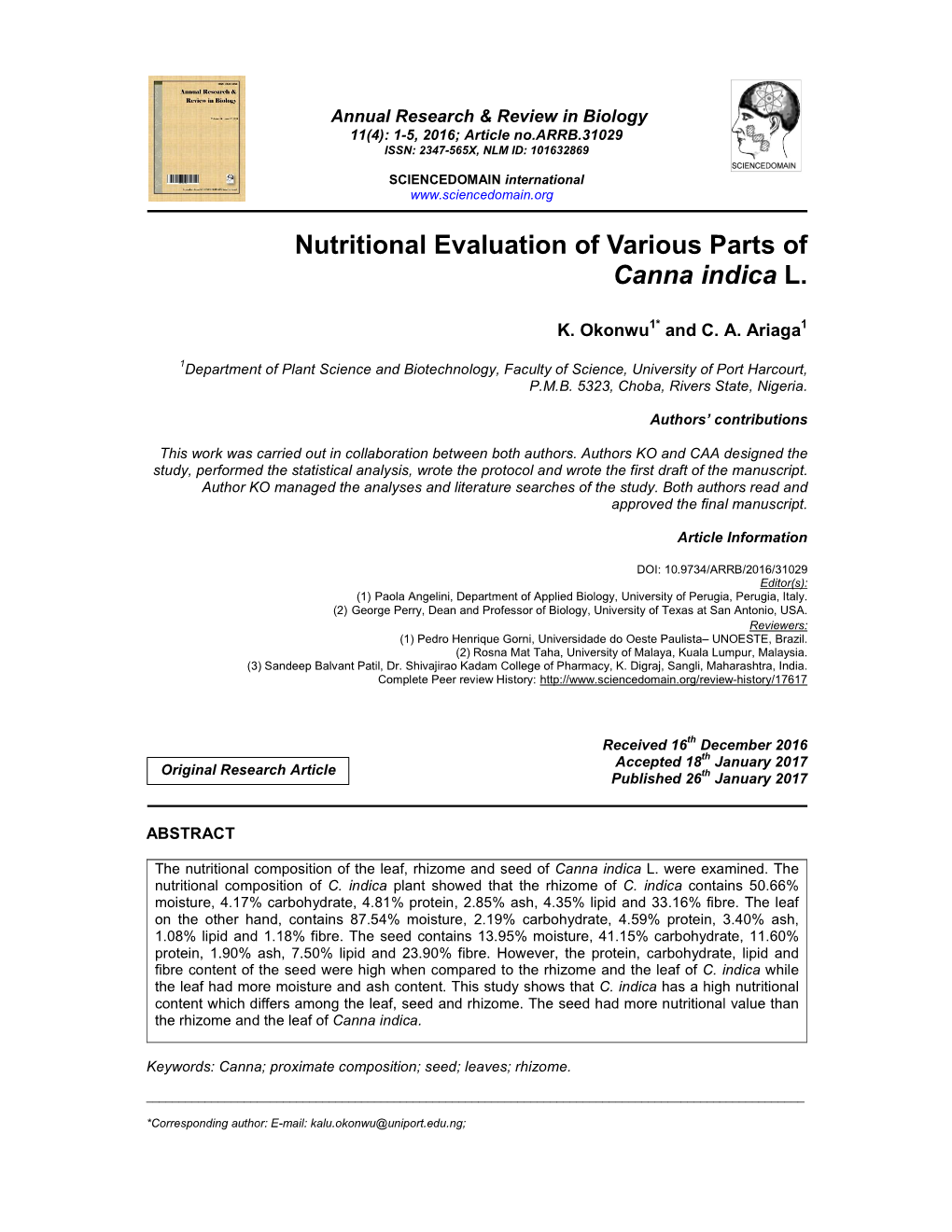 Nutritional Evaluation of Various Parts of Canna Indica L