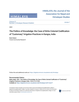 The Case of Britis Colonial Codification of "Customary" Irrigation Practices in Kangra, India