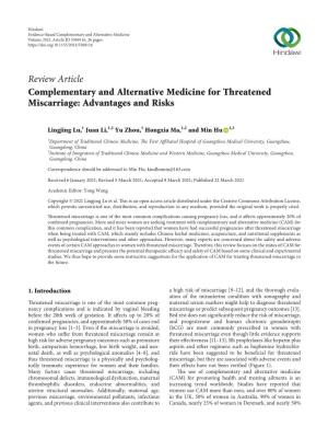 Review Article Complementary and Alternative Medicine for Threatened Miscarriage: Advantages and Risks