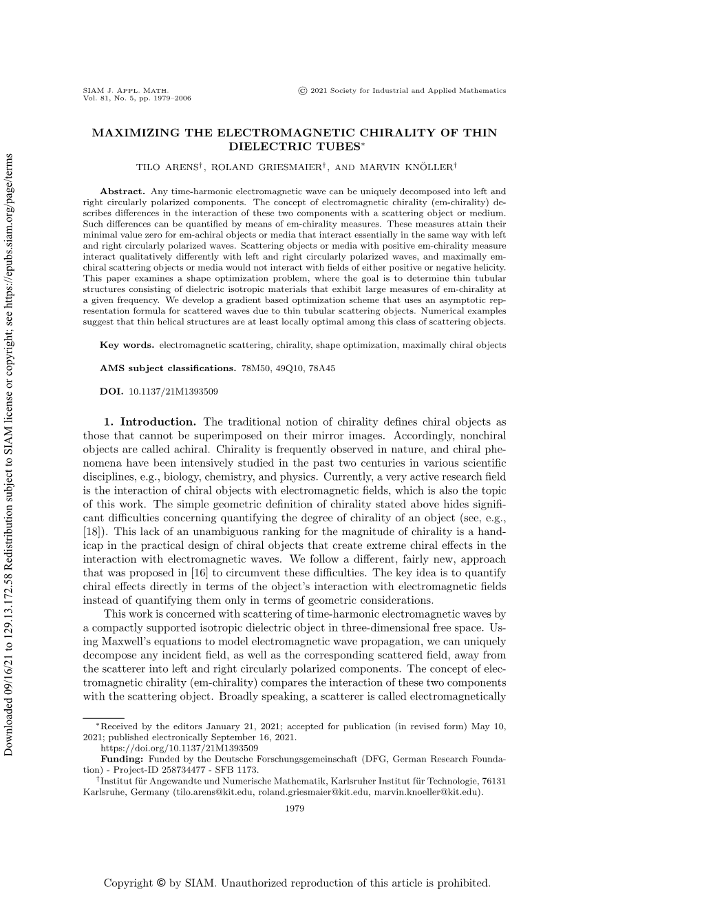 MAXIMIZING the ELECTROMAGNETIC CHIRALITY of THIN DIELECTRIC TUBES \Ast