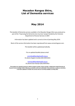 Macedon Ranges Shire, List of Dementia Services May 2014