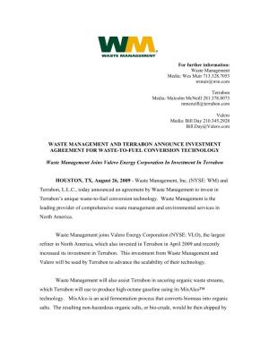 WM Joins Valero Energy Corporation in Investment