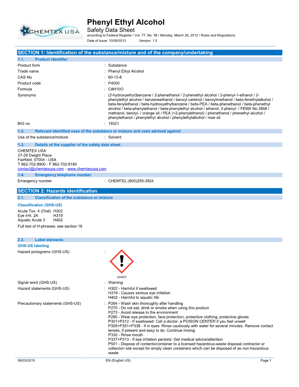 Phenyl Ethyl Alcohol Safety Data Sheet According to Federal Register / Vol DocsLib