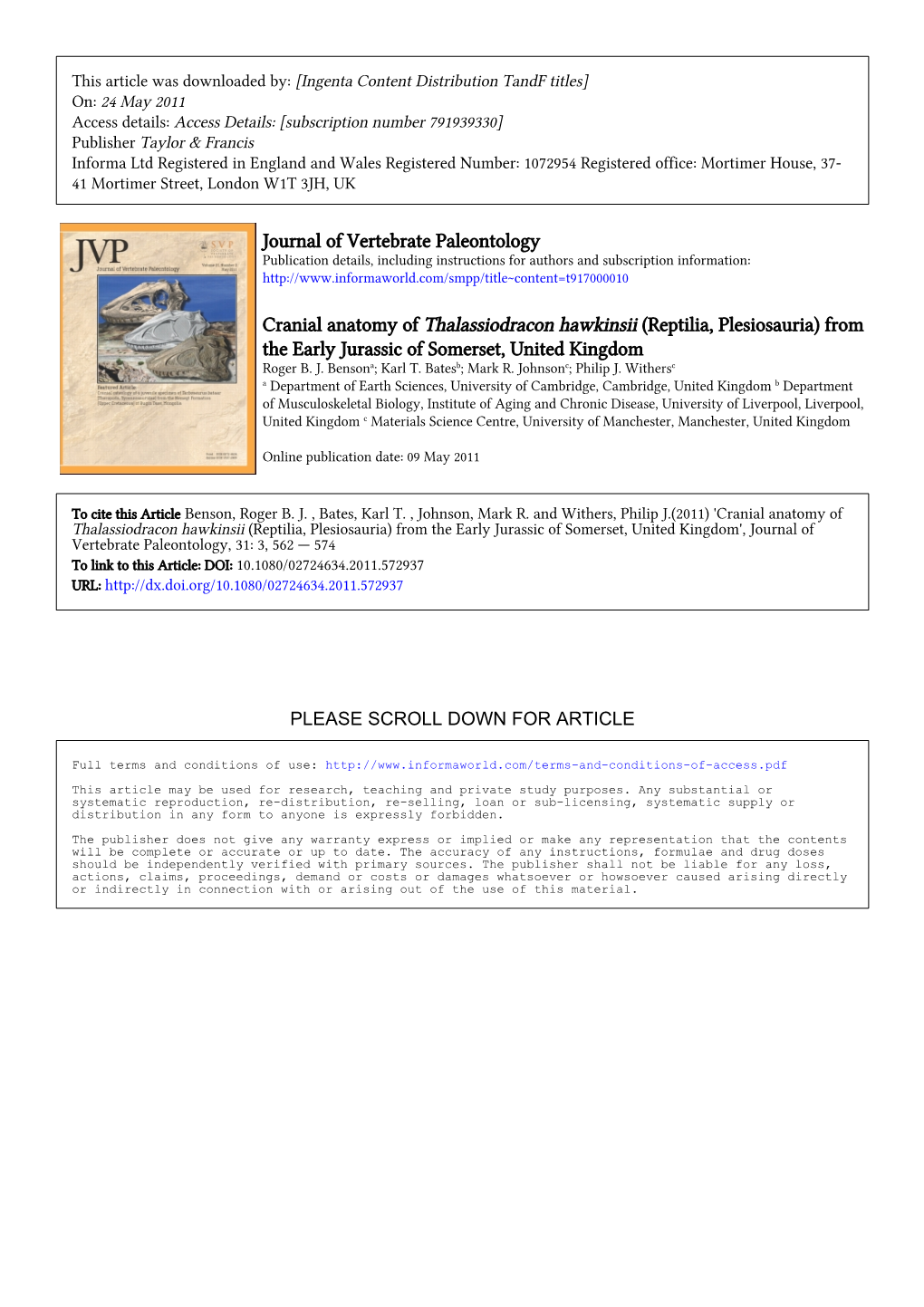 Journal of Vertebrate Paleontology Cranial Anatomy Of