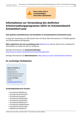 Informationen Zur Verwendung Des Amtlichen Schulverwaltungsprogramms (ASV) Im Schulamtsbezirk Schweinfurt-Land