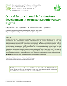 Critical Factors in Road Infrastructure Development in Osun State, South Western Nigeria