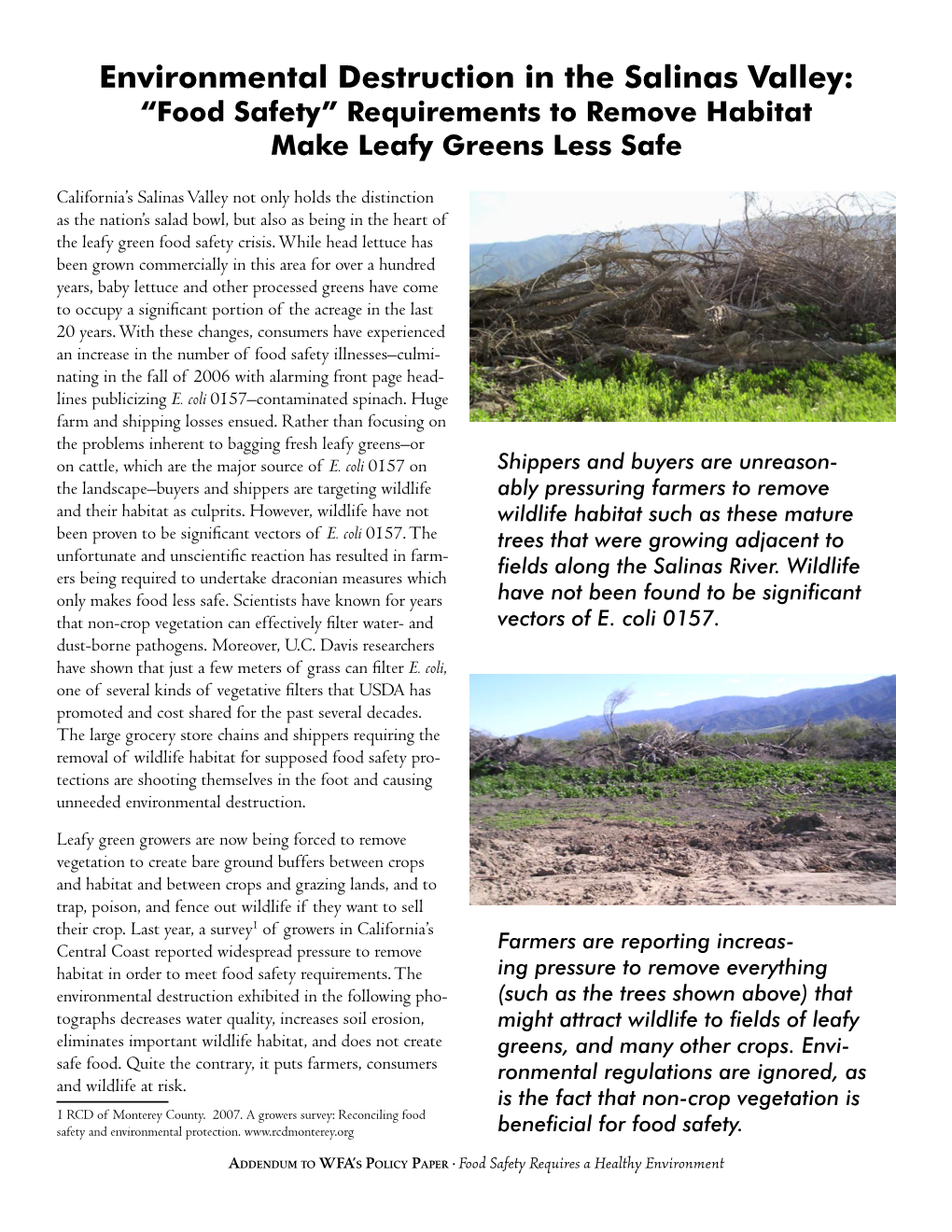 Environmental Destruction in the Salinas Valley: “Food Safety” Requirements to Remove Habitat Make Leafy Greens Less Safe