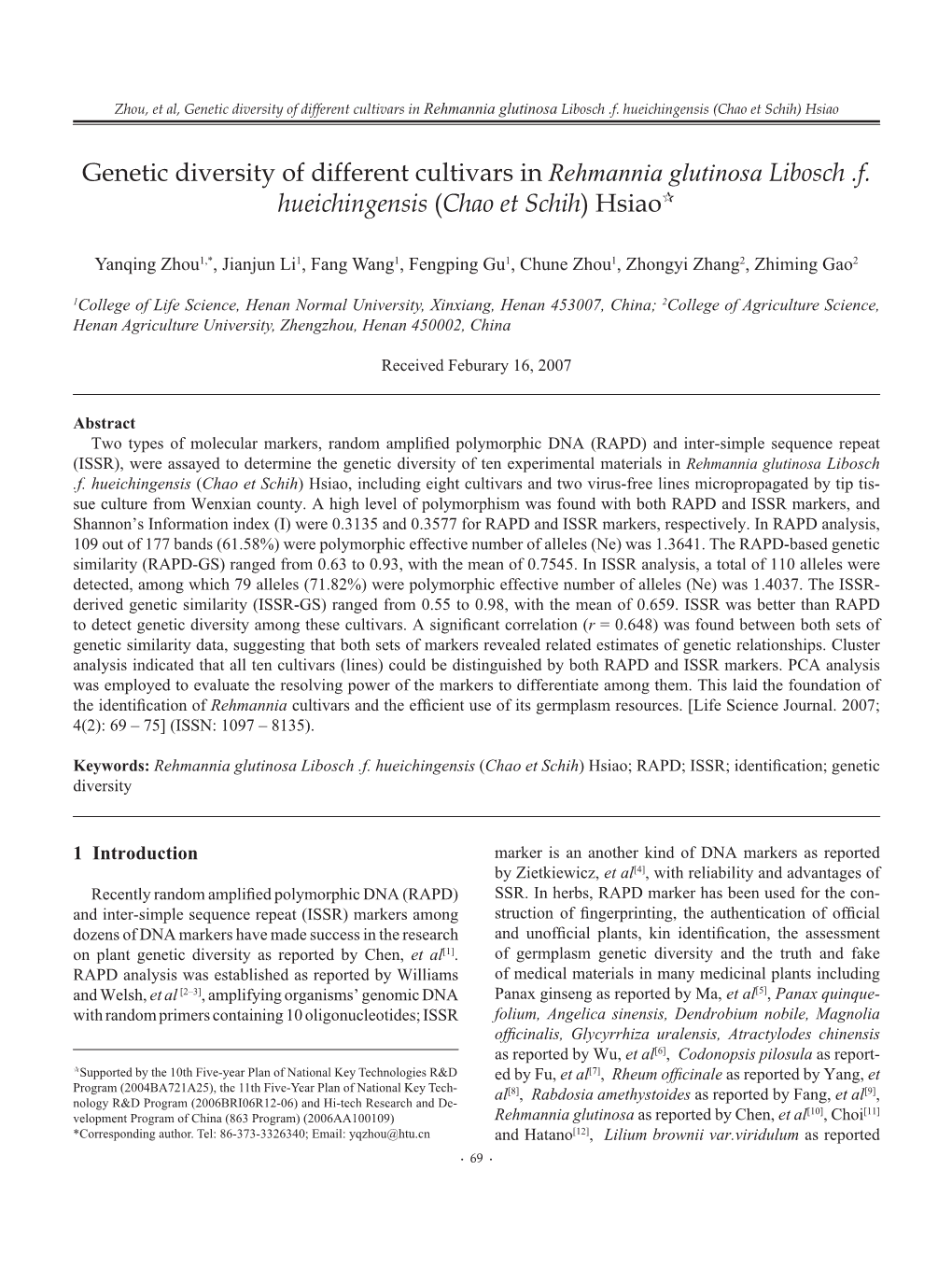 Genetic Diversity of Different Cultivars in Rehmannia Glutinosa Libosch .F