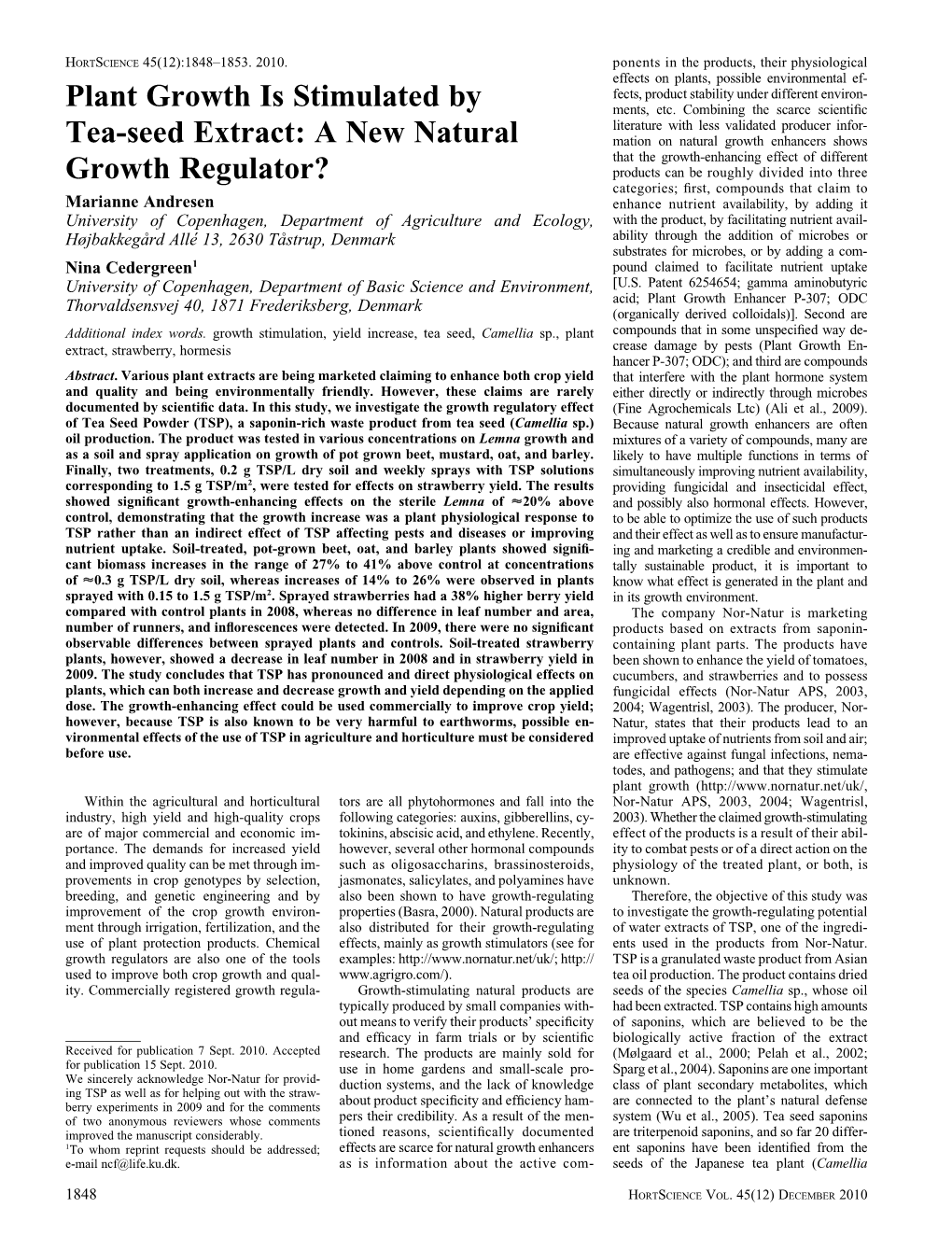 Plant Growth Is Stimulated by Tea-Seed Extract