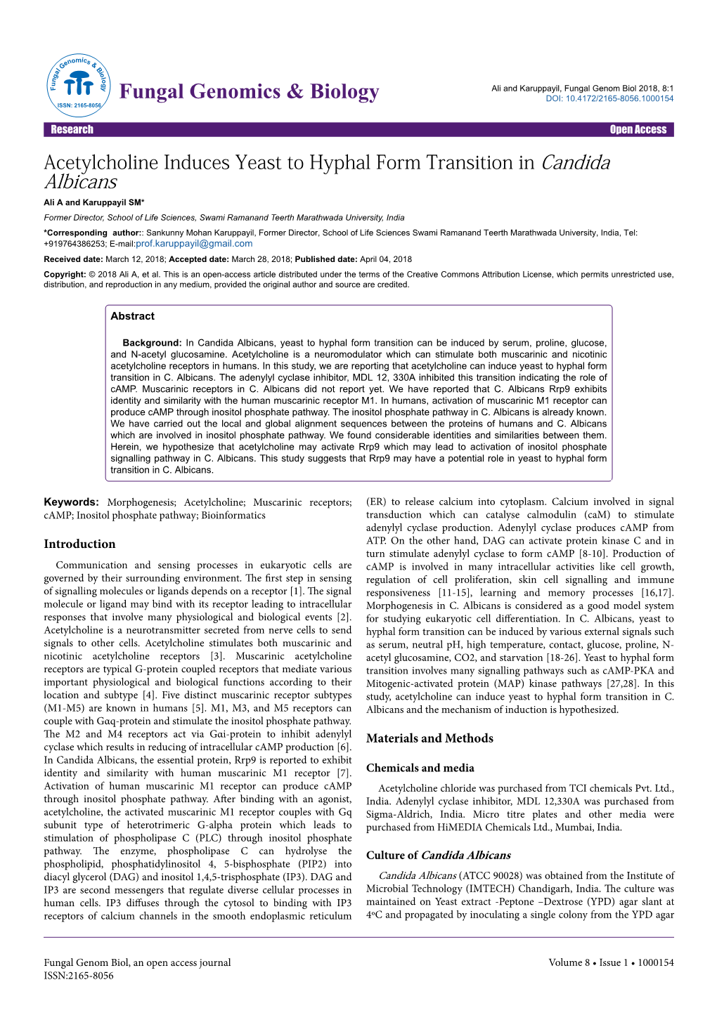 Acetylcholine Induces Yeast to Hyphal Form Transition in Candida Albicans