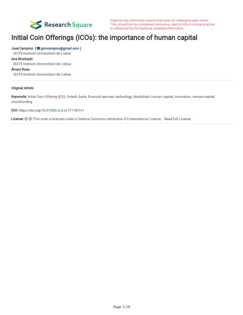 Initial Coin Offerings (Icos): the Importance of Human Capital