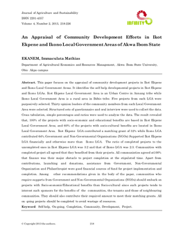 An Appraisal of Community Development Efforts in Ikot Ekpene and Ikono Local Government Areas of Akwa Ibom State