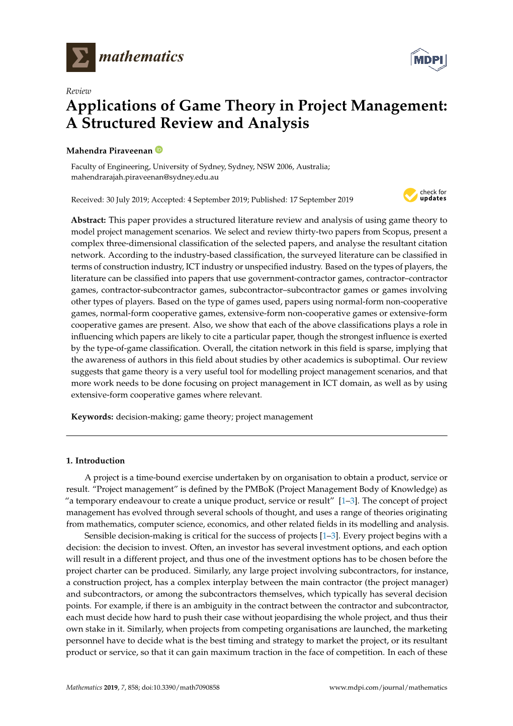 Applications of Game Theory in Project Management: a Structured Review and Analysis