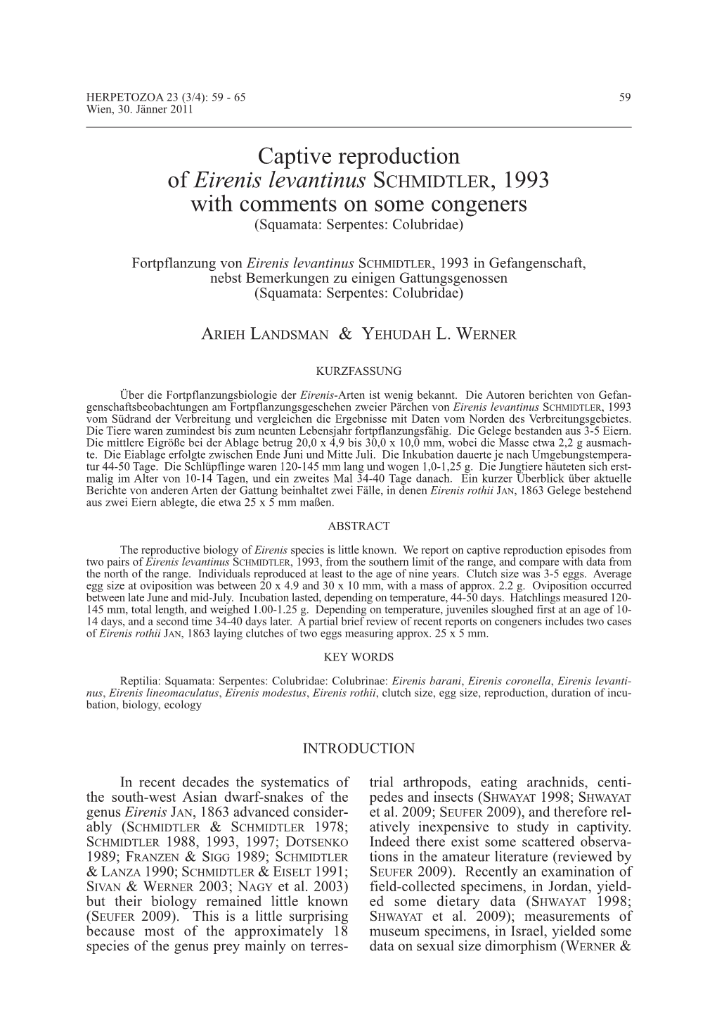 Captive Reproduction of Eirenis Levantinus Schmidtler, 1993 with Comments on Some Congeners (Squamata: Serpentes: Colubridae)